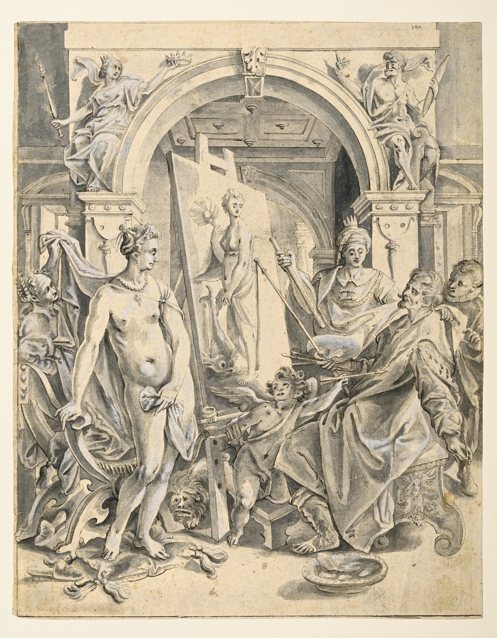 Apelles maleri Campaspe (pen og brunt blæk, grå vask, hvid kropsfarve på lagt papir) af Joos or Jodocus van (after) Winghe