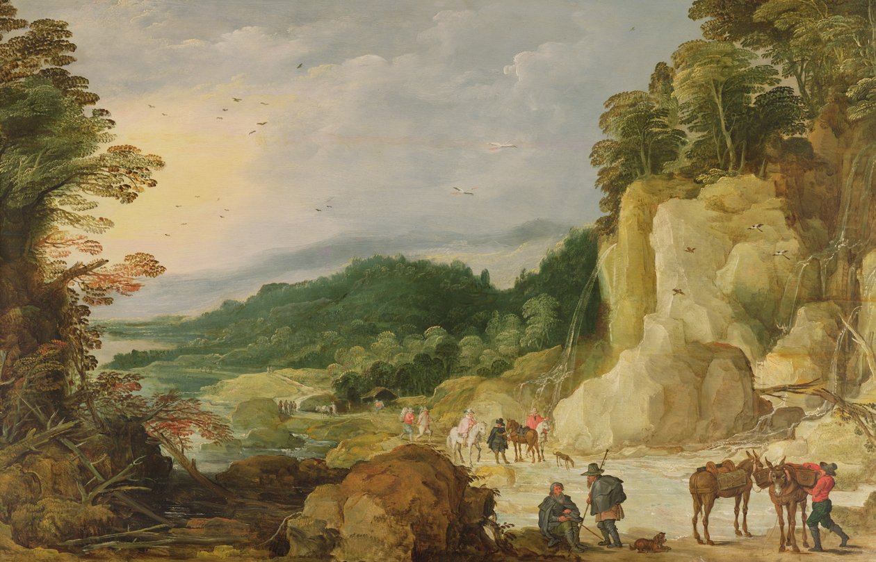 Et bjerglandskab med et vandfald og rejsende ved en Ford af Joos or Josse de Momper