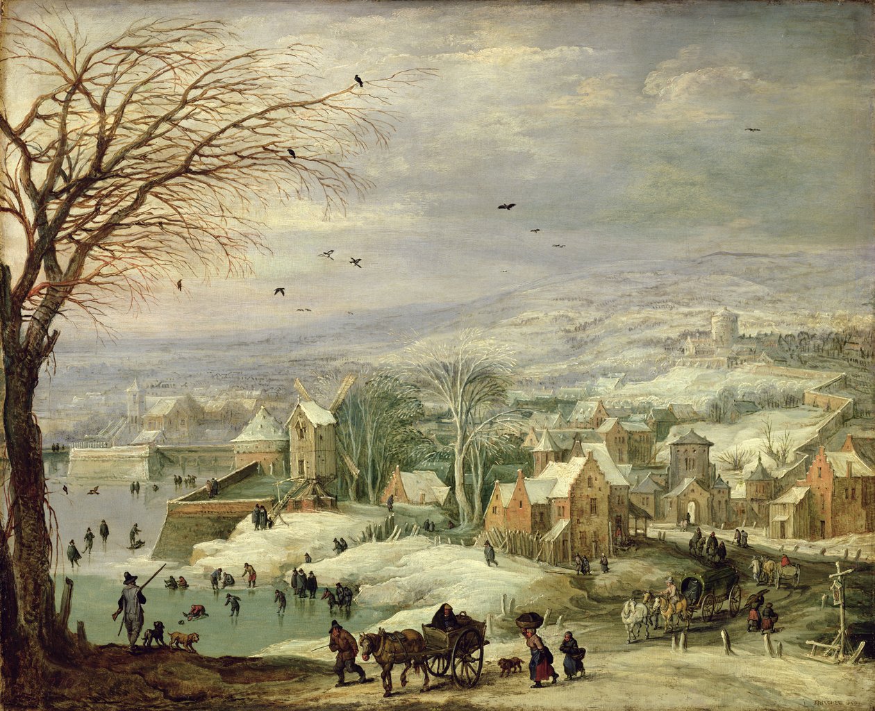 Landsbylandskab om vinteren, ca. 1615-20 (olie på kobber af Joos or Josse de Momper