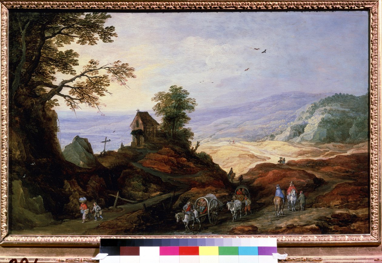 Landskab med et kapel på en bakke. Bønder på plove går på vejene. Maleri af Joos de Momper Le Jeune (1564-1635), omkring 1608-1610. flamsk kunst. Olie på træ. Pushki Fine Arts Museum af Joos or Josse de The Younger Momper