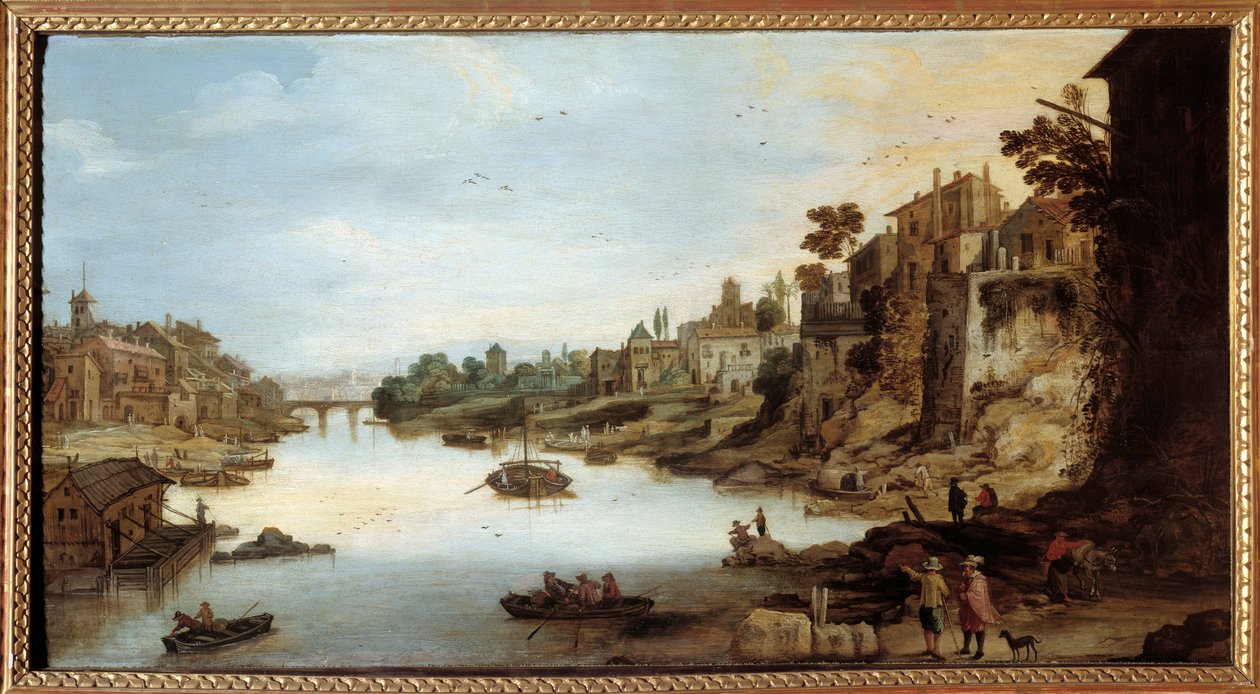 Udsigt over Tiberen (Tevere) i Rom Et hus på pæle til venstre. Maleri af Josse Momper II (1564-1635) af Joos or Josse de The Younger Momper