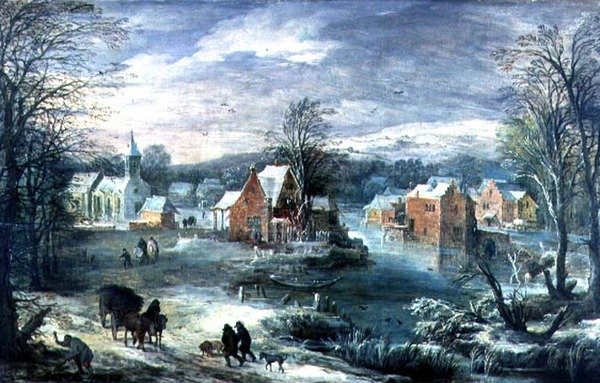 Landsbylandskab om vinteren (panel) af Joos or Josse de The Younger Momper