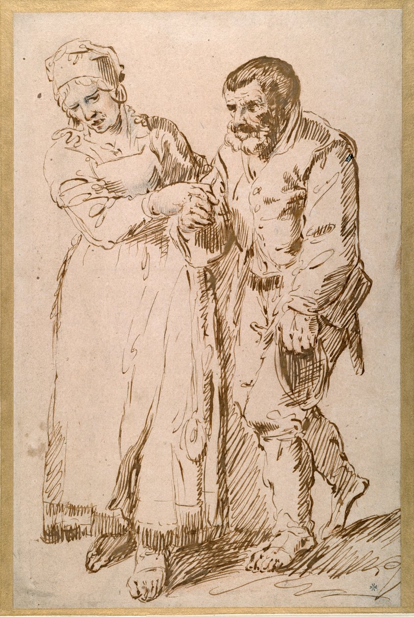 En ældre bondes trin guidet af sin kone (pen og blæk med kridt på papir) af Joos van (attr. to) Craesbeeck