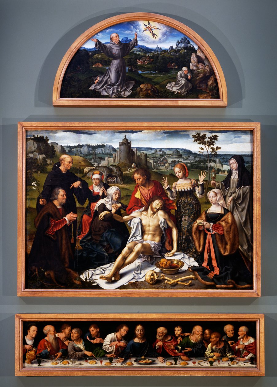 Altertavle af aflejringen, med stigmata af den hellige Frans, aflejringen af Kristus og den sidste nadver fra kirken for de småbrødre i Genova, ca. 1520 af Joos van Cleve