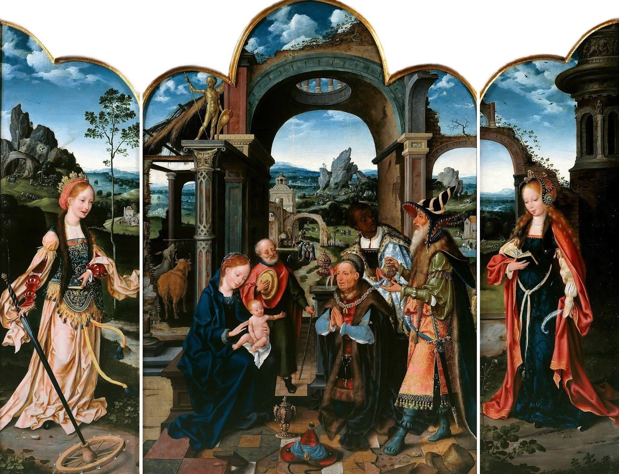 Hollandsk: Sankt Katarina (til venstre); Kongernes tilbedelse (i midten); Sankt Barbara (til højre) Kongernes tilbedelse med Sigismund I af Polen af Joos van Cleve