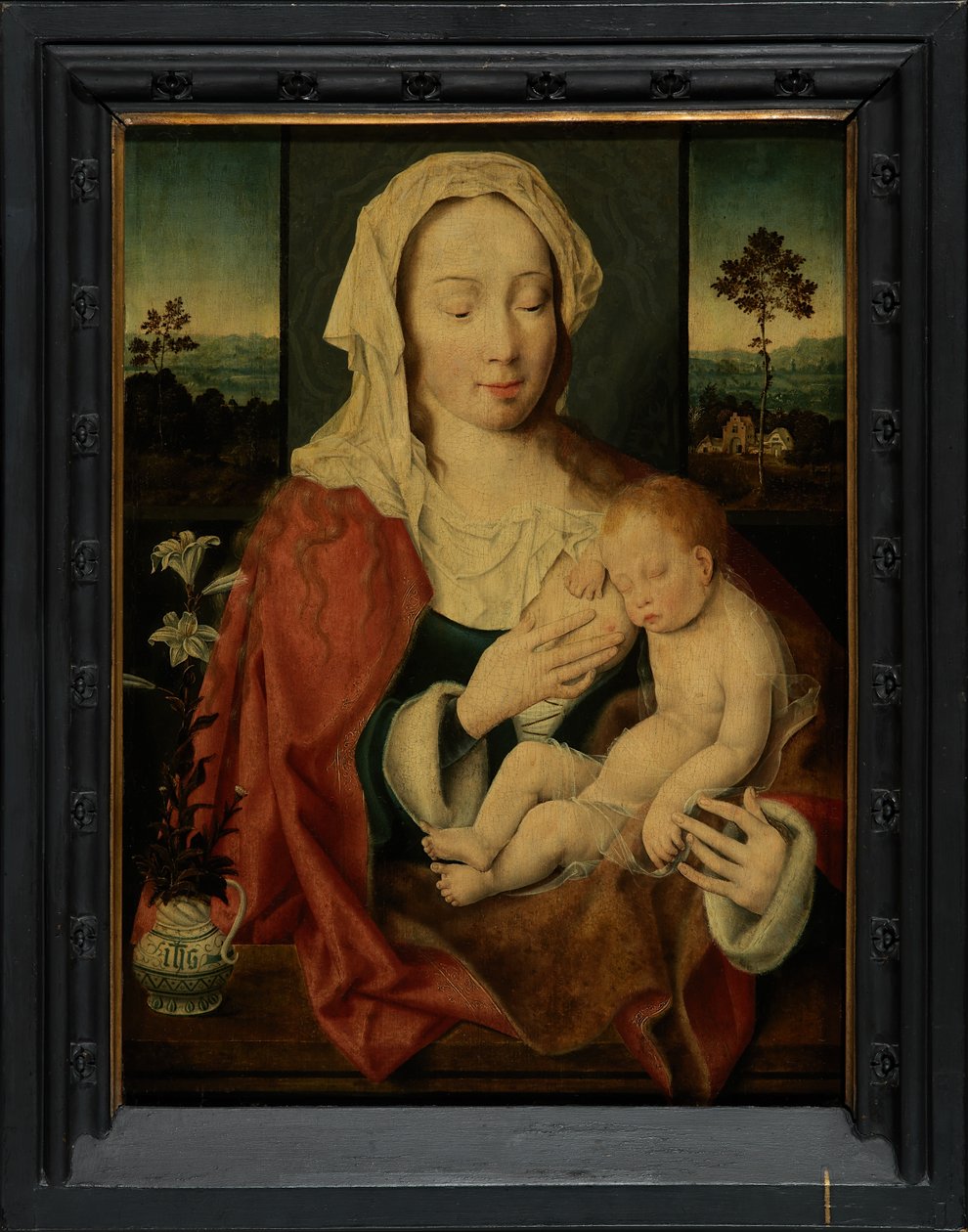 Hellig jomfru med sovende Jesusbarn (olie på panel) af Joos van Cleve