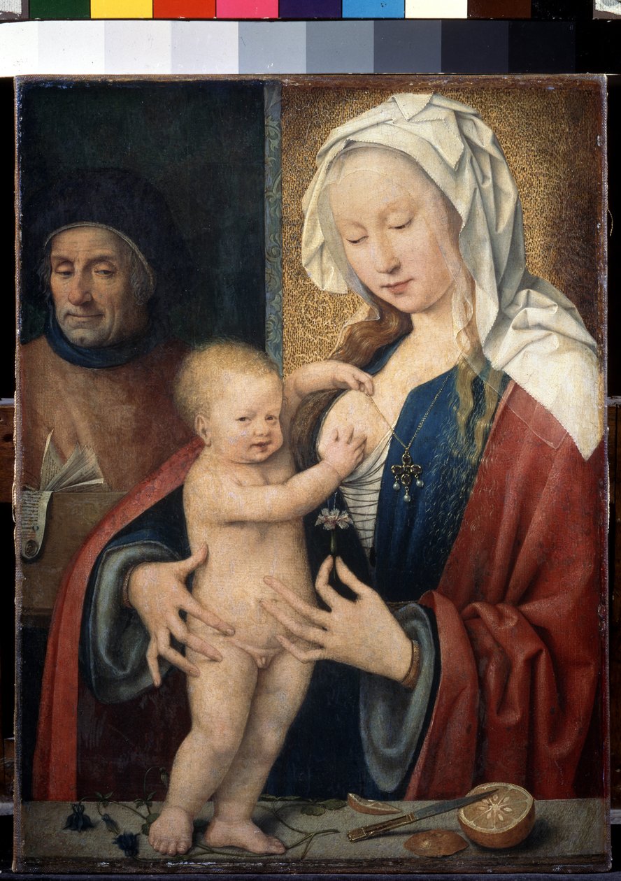 ""Den Hellige Familie"" (Den Hellige Familie) Jesusbarnet leger med sin mors bryst. Maleri af Joos van Cleve (Cleef) (ca. 1485-1540) 1500-tallet Dim. 42,5x31,5 cm Sankt Petersborg. Eremitagemuseet af Joos van Cleve