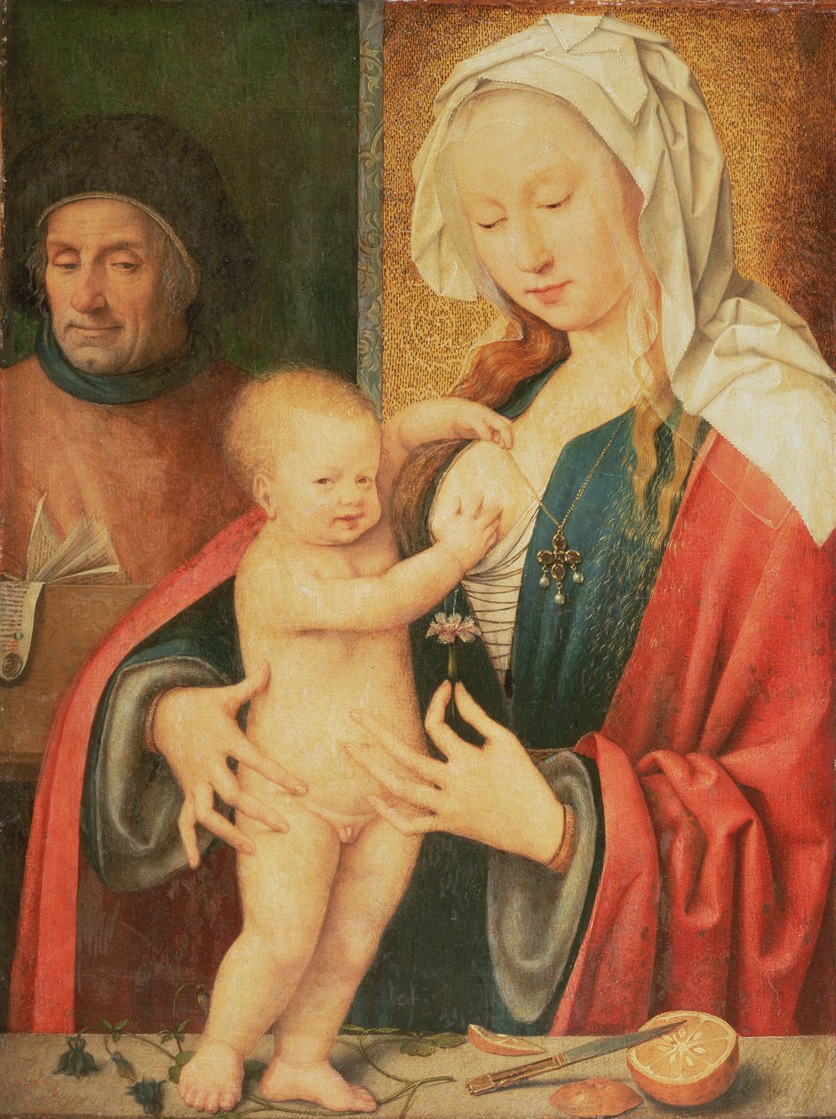 Den hellige familie (olie på lærred overført fra panel) af Joos van Cleve