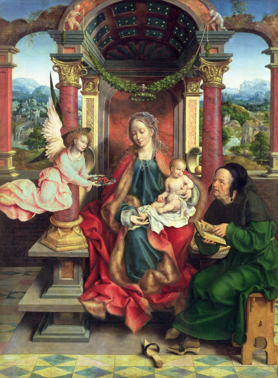 Den hellige familie, midterpanel på en triptykon, ca. 1530 (panel) af Joos van Cleve