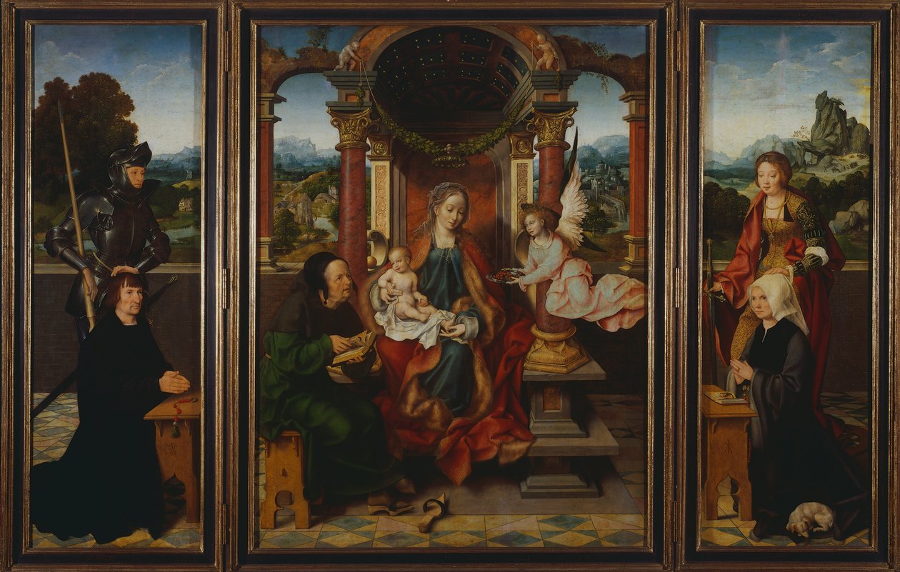 Den hellige familie, ca 1530, af Joos Van Cleve (1485-1540), triptykon. Belgien af Joos van Cleve