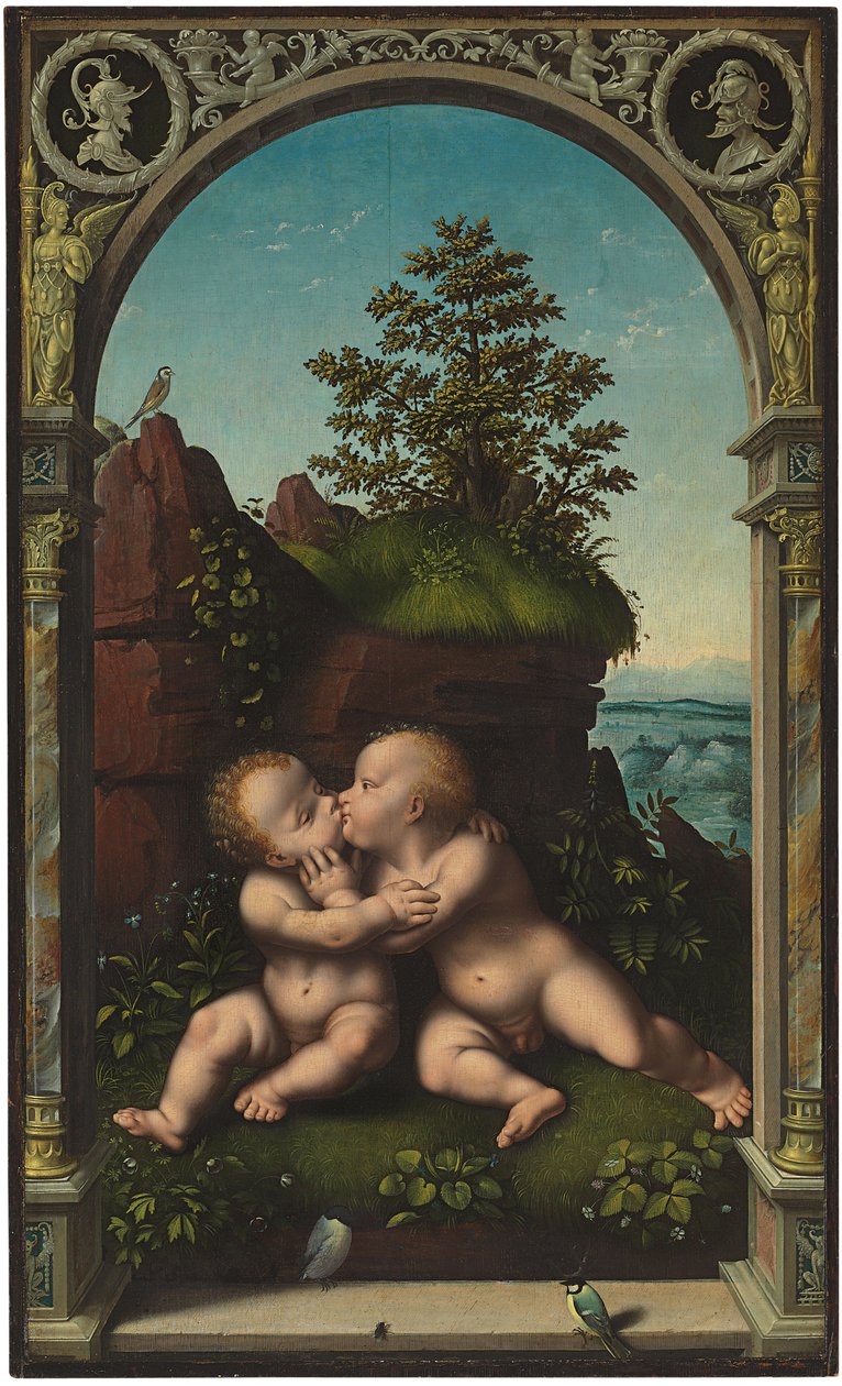 Spædbarnet Kristus og Johannes Døberen som børn, der omfavner sig i et landskab, omgivet af en klassisk buegang af Joos van Cleve