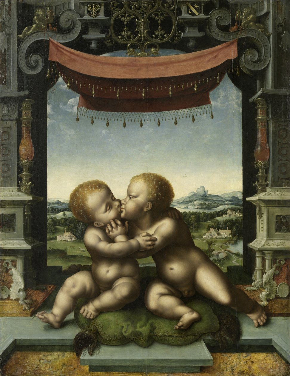 Spædbørnene Kristus og Johannes Døberen omfavner, 1520-25 af Joos van Cleve