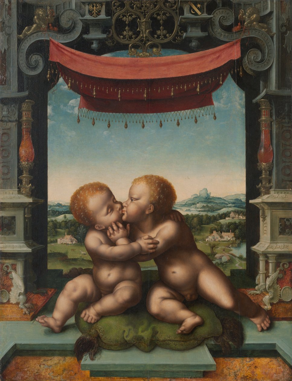 Børnene Jesus Kristus og Johannes Døberen omfavner hinanden af Joos van Cleve