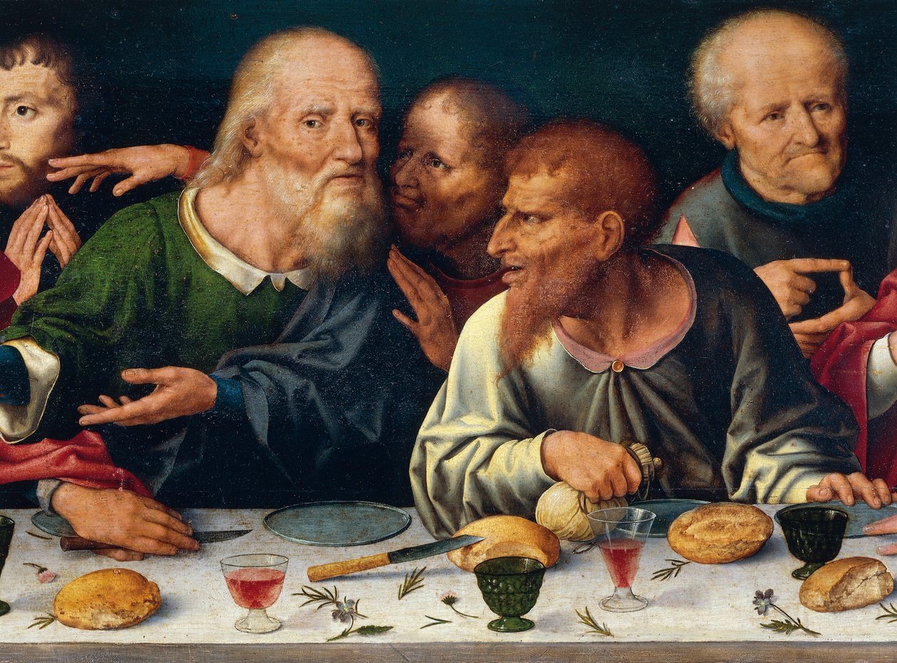 Den sidste nadver, Judas og de andre apostle, Joos van Cleve (1485-1540 ca.), altertavle fra kirken Frati Minori i Genova, Italien af Joos van Cleve