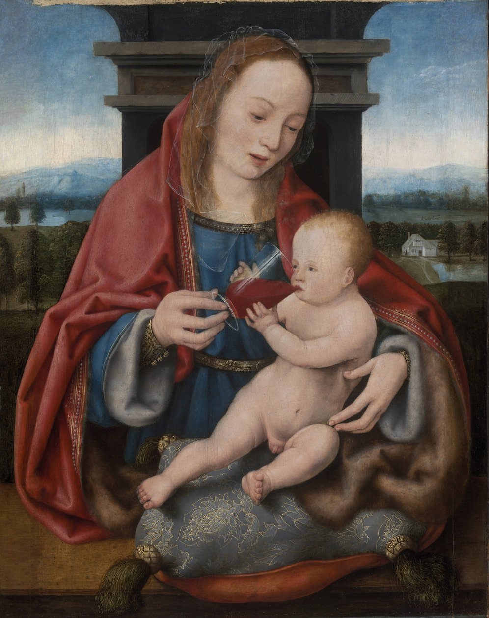 Jomfruen med Jesusbarnet drikker vin af Joos van Cleve