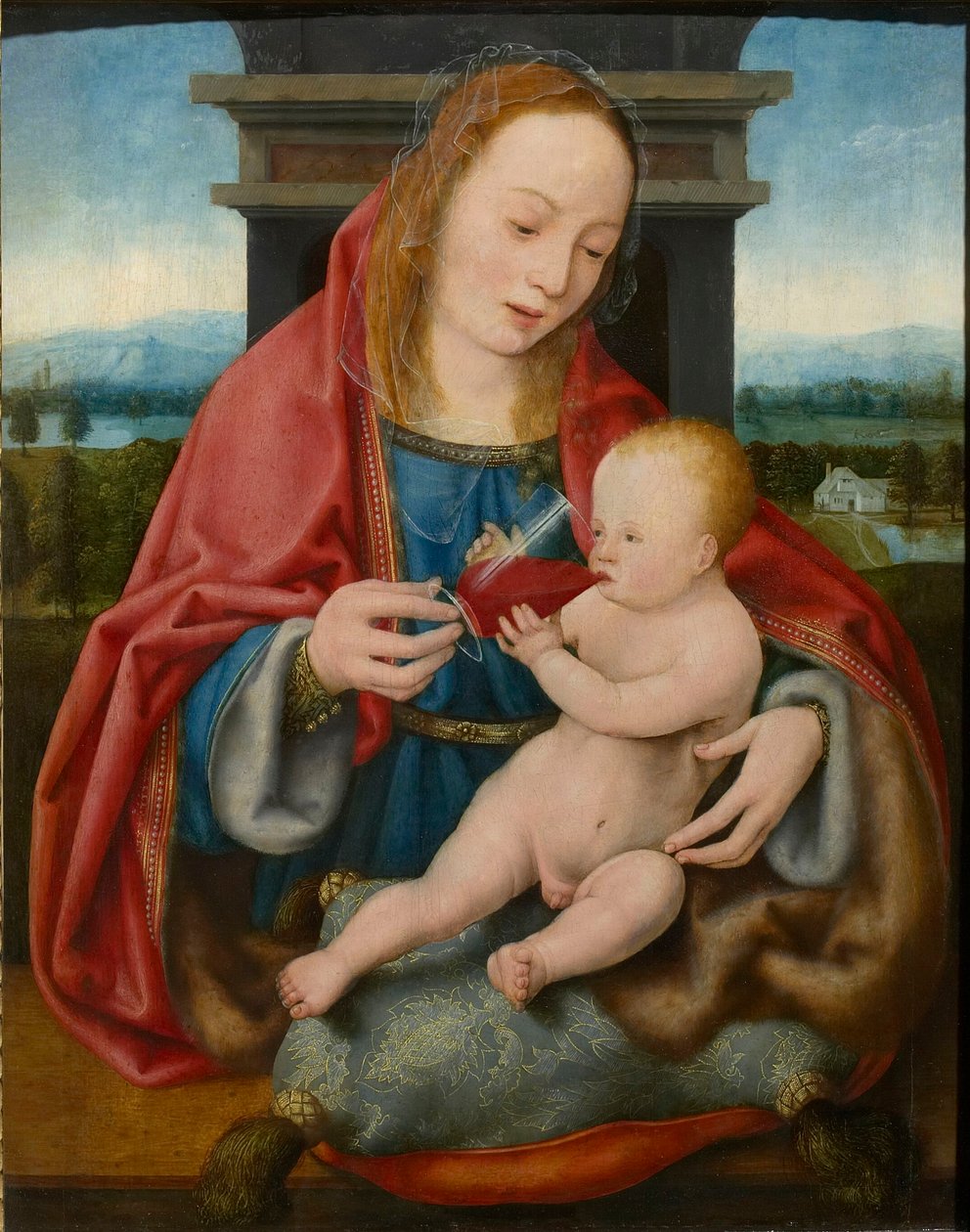 Jomfruen med spædbarnet Kristus drikker vin, ca. 1520. af Joos van Cleve