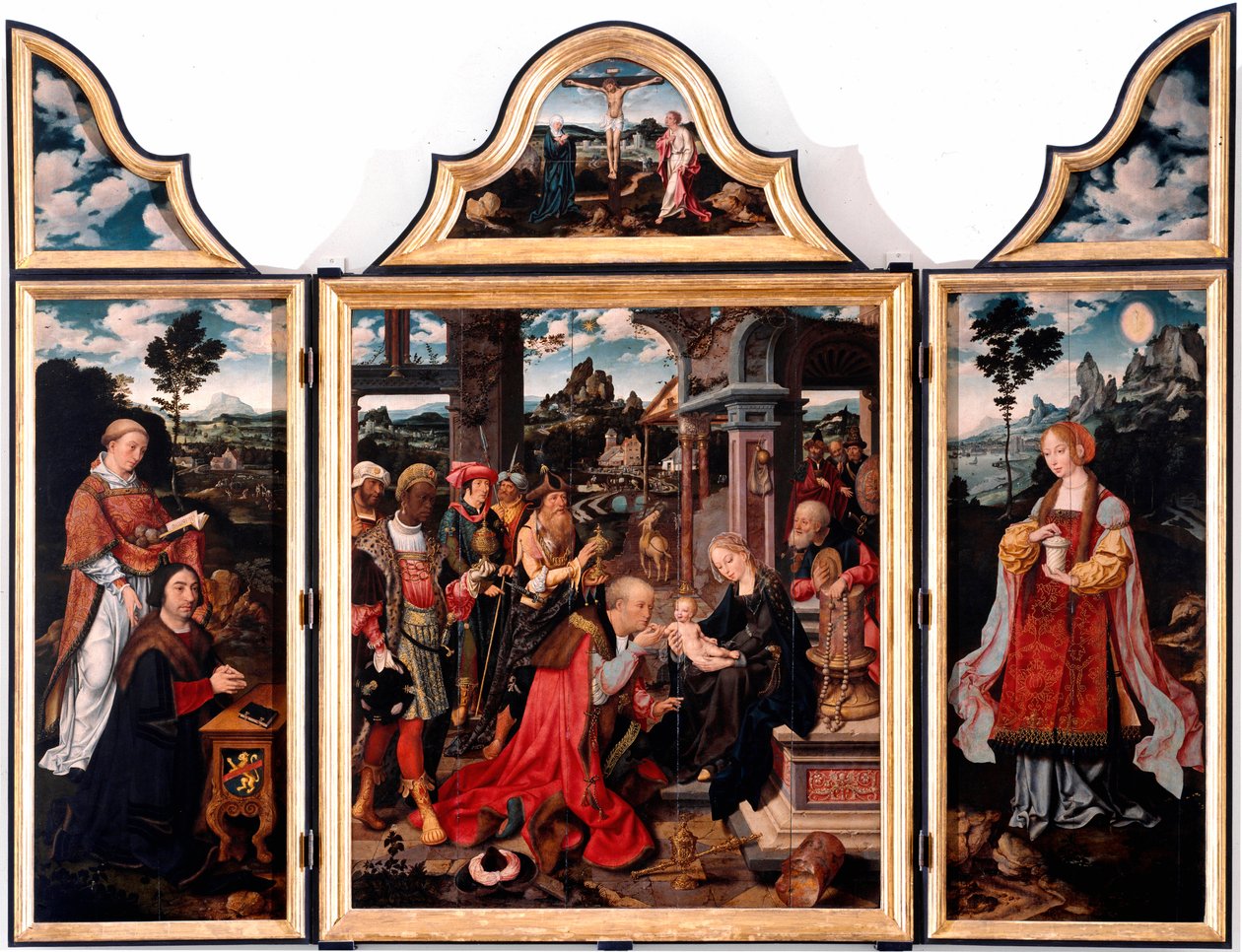 Tryptic of Adoration of the Magi. Maleri på træ af Joos Van Cleve den unge (1485-1540) 1515 Dim. 260x200 cm Gener, San Donato-kirken af Joos van Cleve