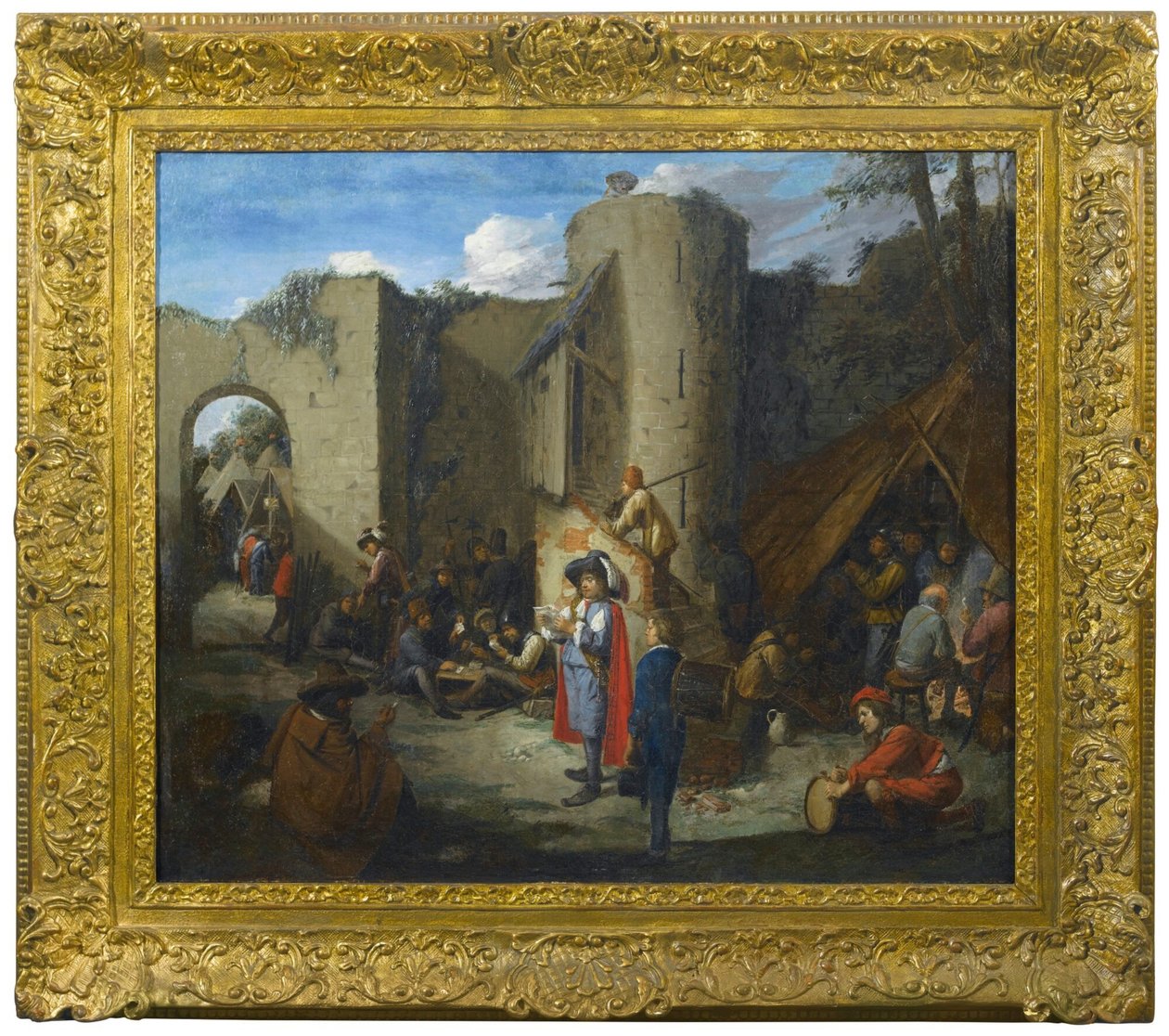 En officer læser et brev i en militærlejr ved siden af et slot. af Joos van Craesbeeck