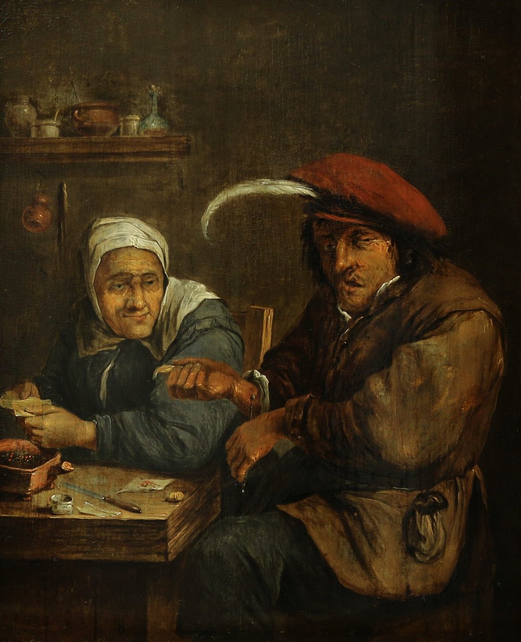 Interiør med en gammel kvinde og en mand, der tappes for blod (Allegori over følesansen) af Joos van Craesbeeck