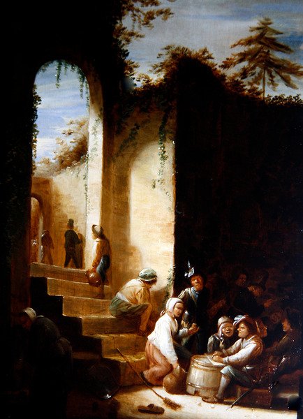 Bønder og soldater i en gårdhave (olie på panel) af Joos van Craesbeeck