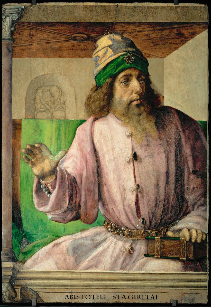 Aristoteles, græsk filosof Fra en serie på 28 portrætter, malet omkring 1475 til Federigo da Montefeltres studiolo ... af Joos van Gent (fl.1460 75)