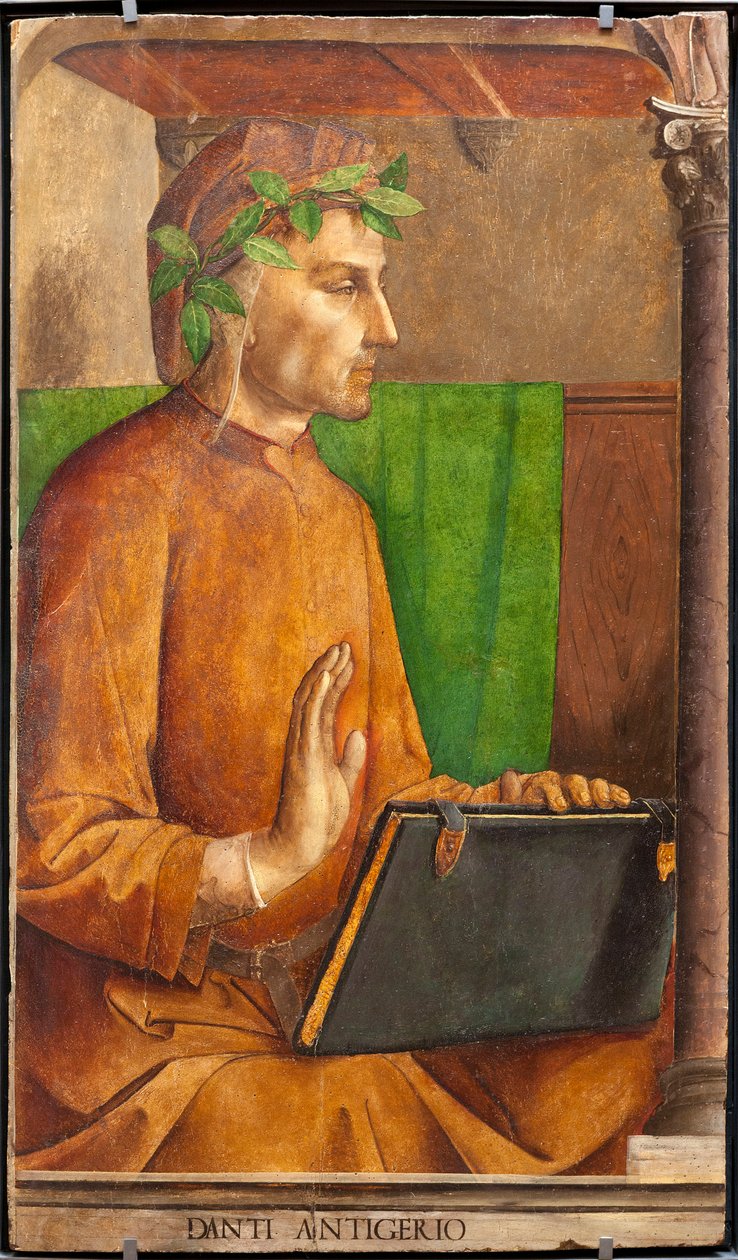 Billede af Dante Alighieri (1265-1321), digter, italiensk forfatter, forfatter til den guddommelige komedie, hovedbeklædning af en liripion - Maleri af Juste af Gent (Joos van Wassenhove) (ca. 1435-omkring 1475) og Pedro Berruguete (ca. 1450- før 1504), en af Joos van Gent (fl.1460 75)