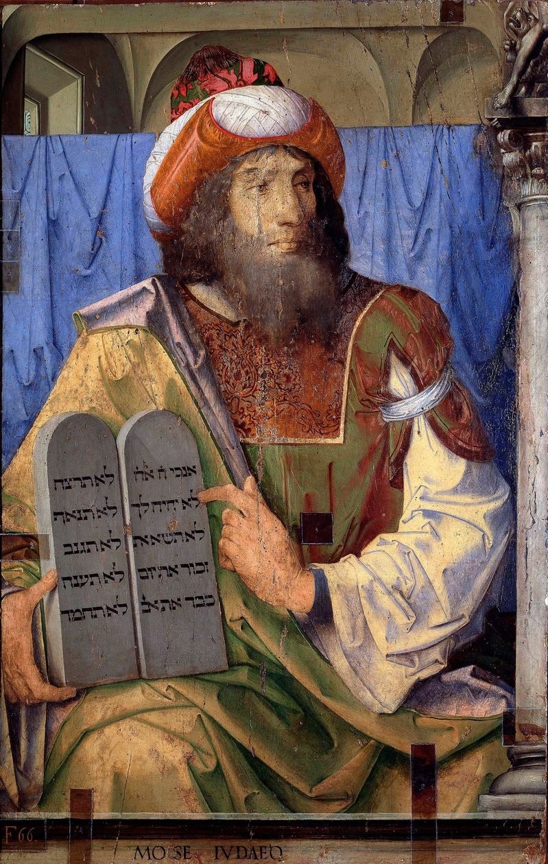 Portrætter af berømte mænd: Moses og lovtabeller. Maleri af Joos van Wassenhove (eller Justus van Gent også kendt som Josse eller Jodocus af Gent, eller Giusto di Gent eller Juste de Gent, aktiv mellem 1460-1475). Maling på træ. Mål: 74 x 115 cm. Museo N af Joos van Gent (fl.1460 75)