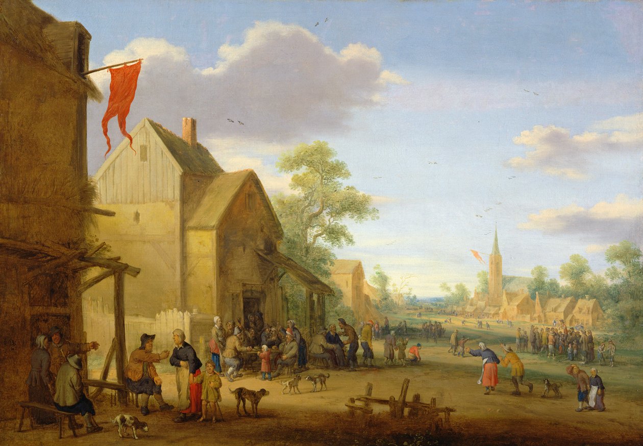 Et landsbymøde med personer samlet på gaden, 1624 af Joost Cornelisz. Droochsloot