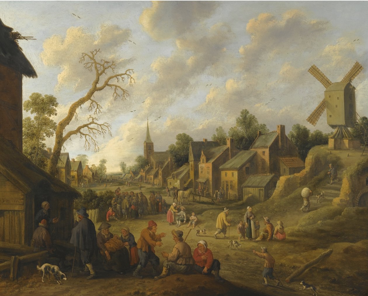 En bred gade gennem en landsby fyldt med mange figurer og overset af en vindmølle af Joost Cornelisz Droochsloot