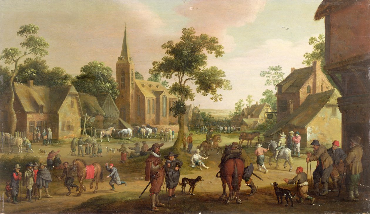 Rejsende, tiggere og hestekøbere i en landsby af Joost Cornelisz. Droochsloot