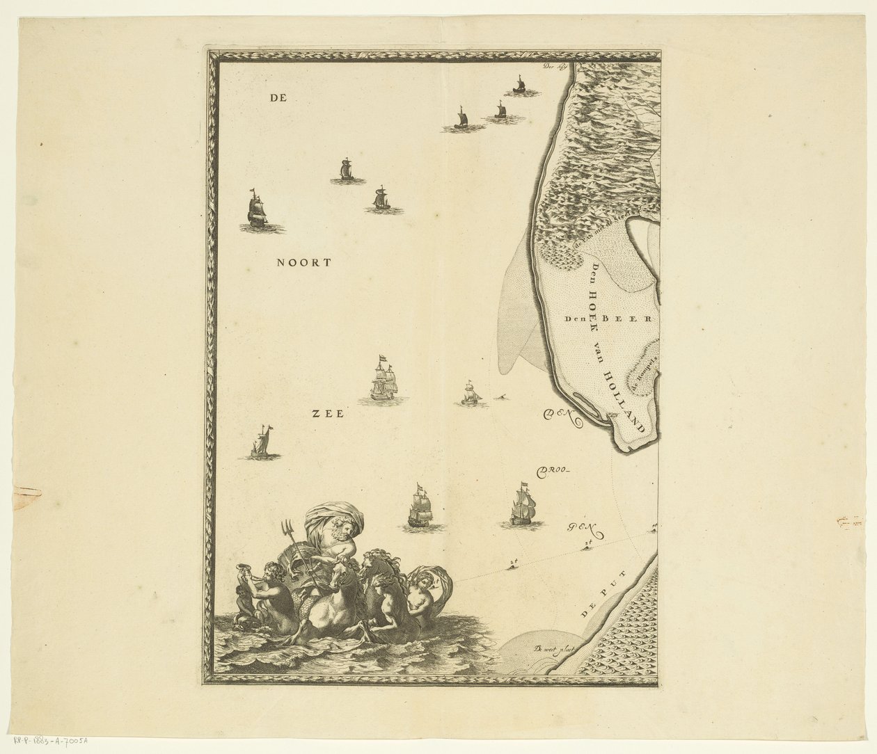 Kort over Maas fra Rotterdam til Nordsøen (del 1) Skildring af Maes fra byen Rotterdam til havet, med de tilstødende byer og steder, sand, tørland og baner, som dem der blev sejlet imod i dag af Joost van Geel