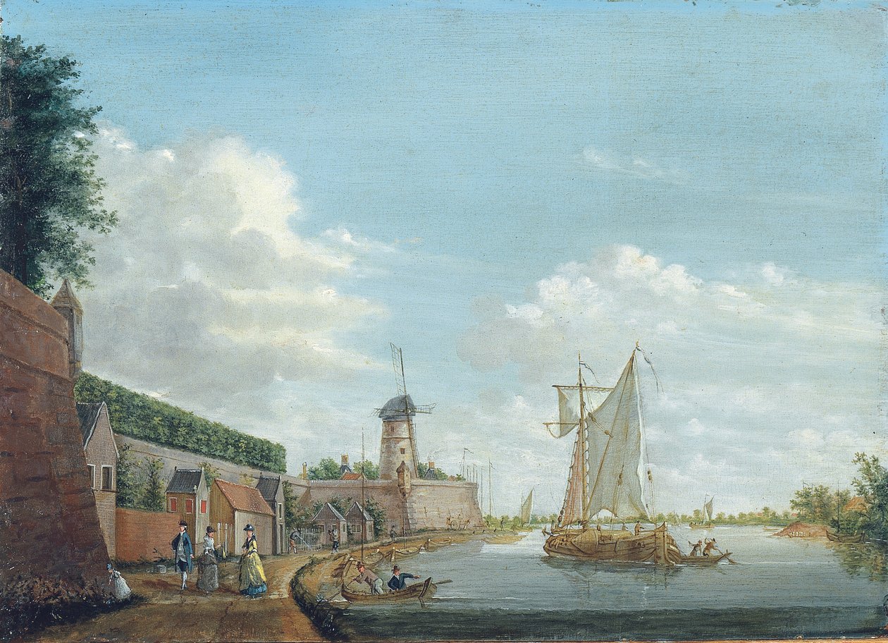 Et flodlandskab med elegante byfolk, der promenerer ved en bymur, ca. 1776 af Jordanus Hoorn