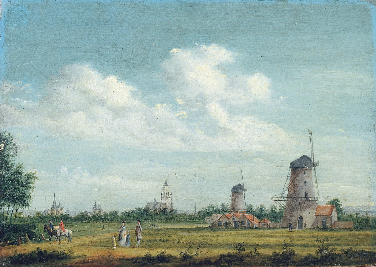 Udsigt over Arnhem med St. Walburgiskerk til venstre og Grote Kerk til højre, elegant byfolk, der promenerer i nærheden, 1776 af Jordanus Hoorn