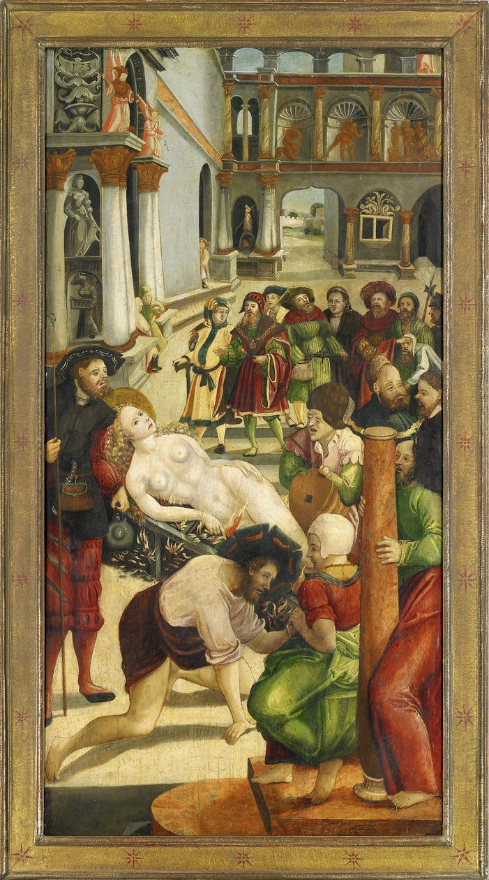 Sainte Agathe sur le bucher - Afbrændingen. Vinge fra Saint Agatha-alteret - Greimold, Joerg (Jorg) (ca 1500-efter 1540) - 1523 - Olie på træ - 109x57 - Stadtmuseum Weilheim af Jörg Greimold