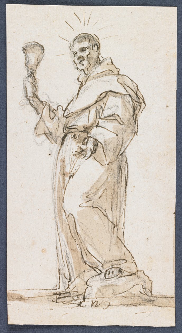 Standing Male Saint Holding a Chalice, slutningen af det 17. århundrede (pen og brunt blæk og vask over sort kridt) af Jorge Preu