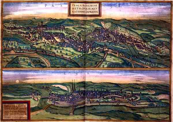 Kort over Prag og Ægget, fra "Civitates Orbis Terrarum" af Georg Braun (1541-1622) og Frans Hogenberg (1535-90), ca. 1572 (farvestik) af Joris (after) Hoefnagel