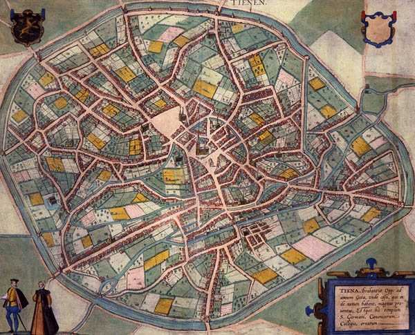 Kort over Tienen, fra "Civitates Orbis Terrarum" af Georg Braun (1541-1622) og Frans Hogenberg (1535-90), ca. 1572-1617 (farvestik) af Joris (after) Hoefnagel