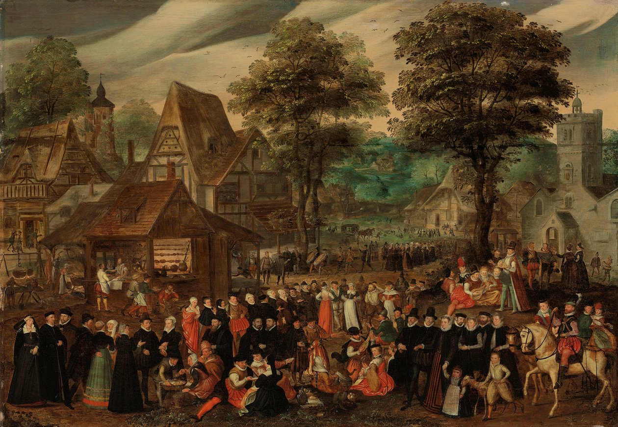 En landsbyfestival med elegant klædte figurer i procession, en flod og et tårn bagved af Joris Hoefnagel