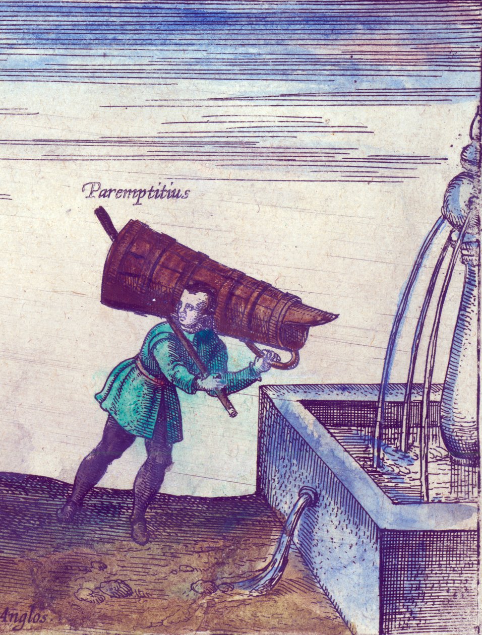 En lærling henter vand fra en fontæne, håndfarvet kobbergraveringsdetalje fra 1598 af 324184 af Joris Hoefnagel