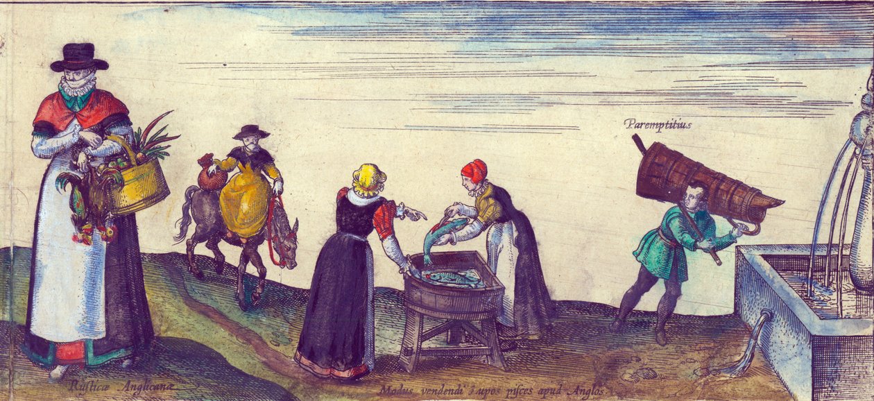 Landbefolkning på vej til markedet, fiskekoner, der sælger gedder, og en lærling, der henter vand fra et springvand, 1598 håndkoloreret kobberstik detalje af 324184 af Joris Hoefnagel