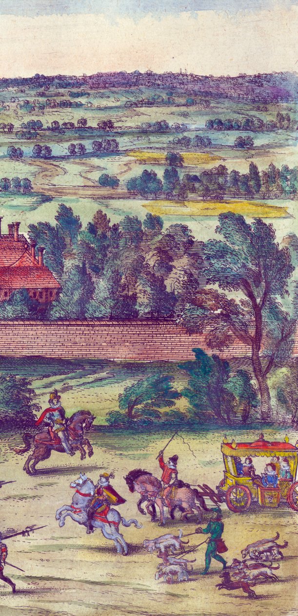 Hofmænd og jagthunde, der ledsager Dronning Elizabeth I