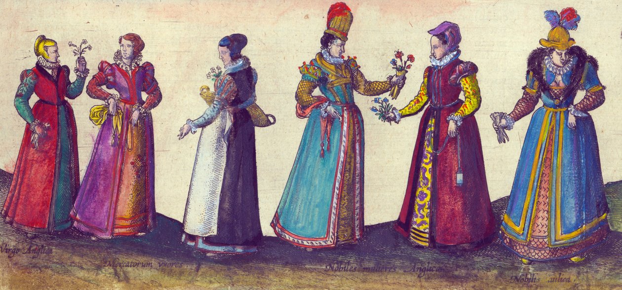 Engelske kvinder fra den Elizabethanske æra, 1598 (håndfarvet kobberstik) af Joris Hoefnagel
