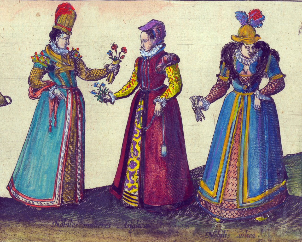 Engelske kvinder fra den elizabethanske æra, 1598 håndfarvet kobberstik detalje af 324184 af Joris Hoefnagel