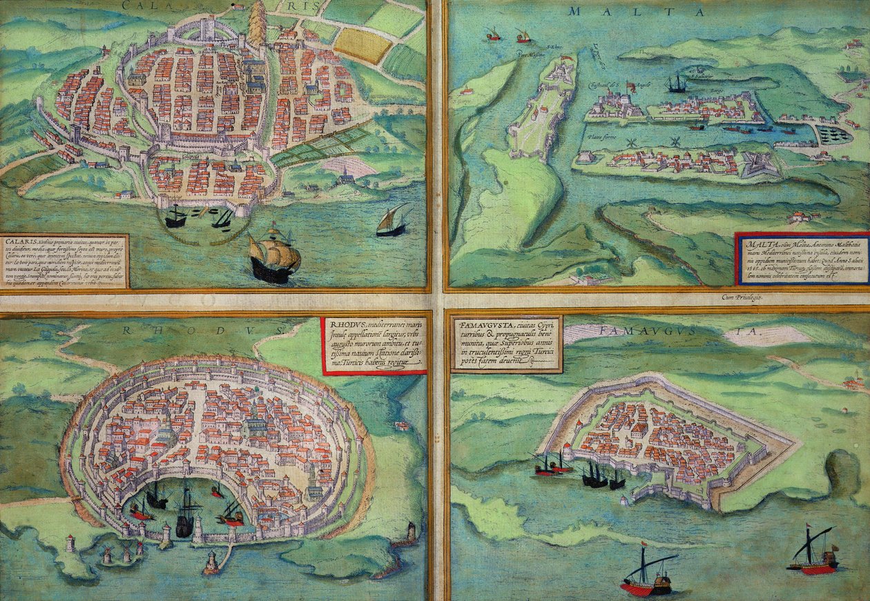Kort over Calais, Malta, Rhodos og Famagusta, fra "Civitates Orbis Terrarum" af Georg Braun (1541-1622) og Frans Hogenberg (1535-90), ca. 1572 af Joris Hoefnagel