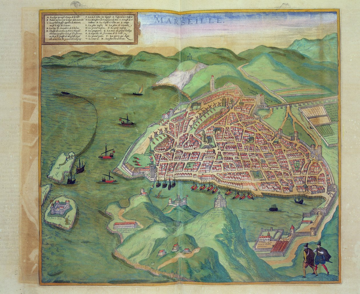 Kort over Marseille, fra "Civitates Orbis Terrarum" af Georg Braun (1541-1622) og Frans Hogenberg (1535-90), ca. 1572 (farvestik) af Joris Hoefnagel