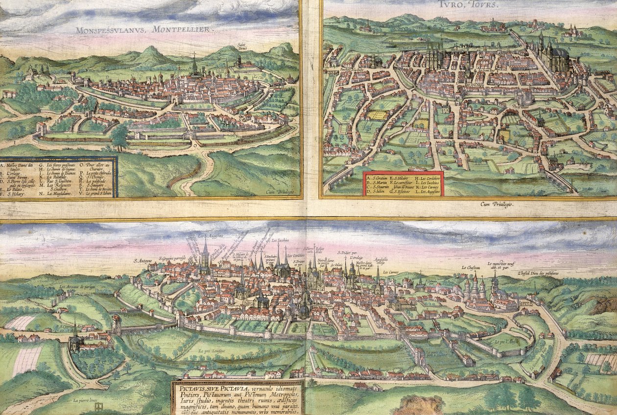 Kort over Montpellier, Tours og Poitiers, fra 