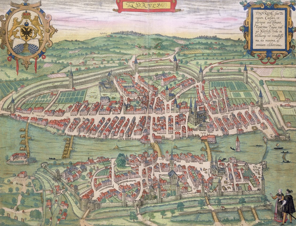 Kort over Zürich, fra "Civitates Orbis Terrarum" af Georg Braun (1541-1622) og Frans Hogenberg (1535-90), ca. 1572-1617 af Joris Hoefnagel