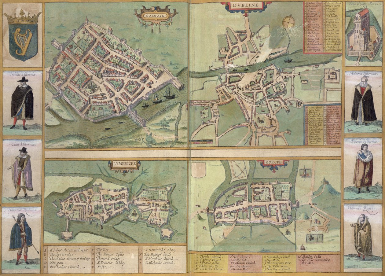 Kort over Galway, Dublin, Limerick og Cork, fra 