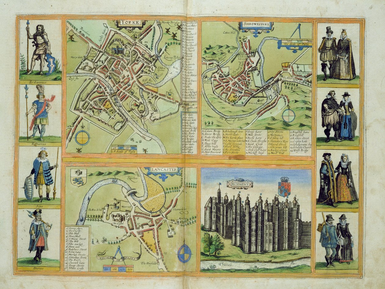 Kort over York, Shrewsbury, Lancaster og Richmond, fra 