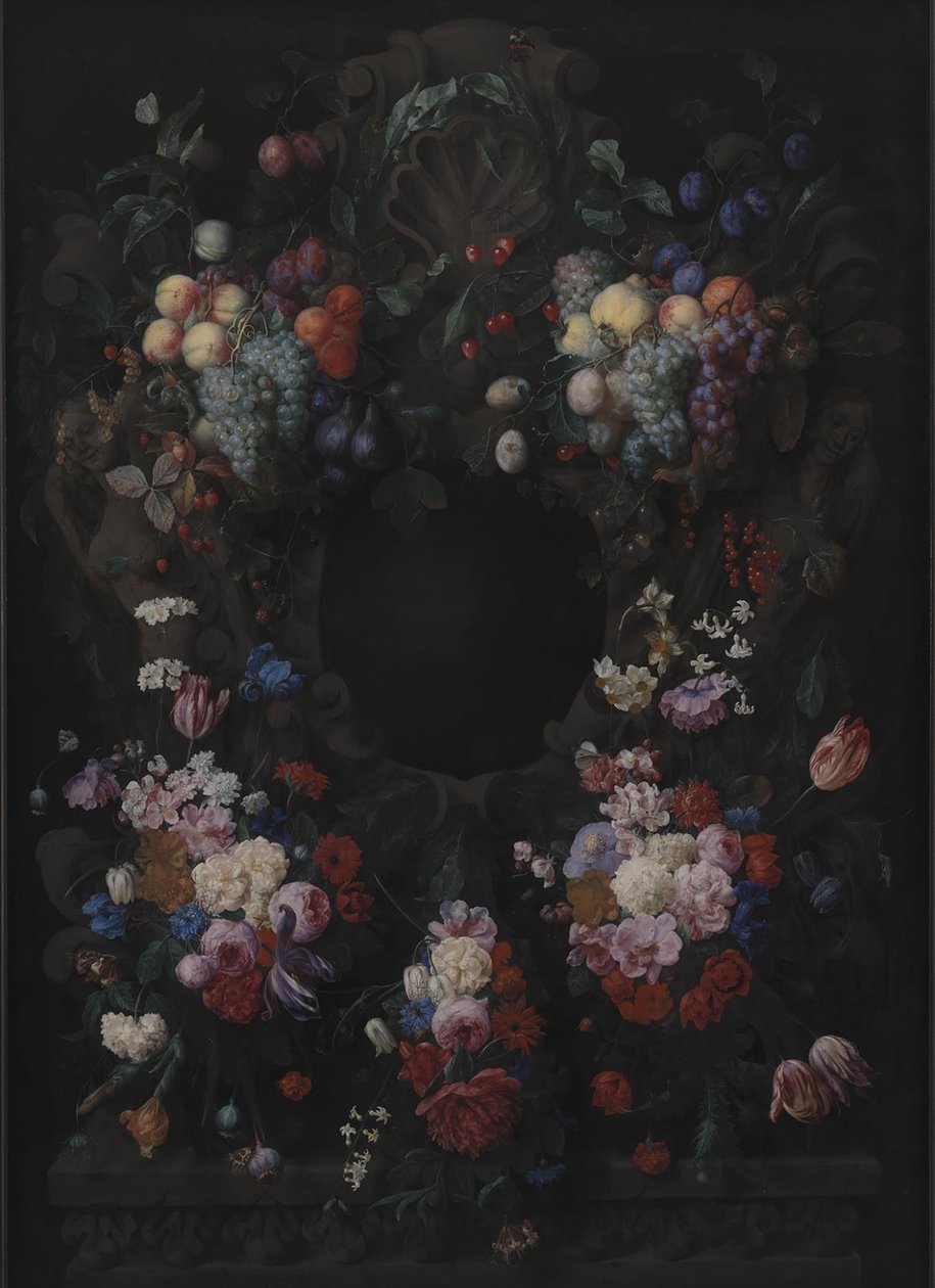 Stenkartouche med frugt- og blomsterkrans af Joris van Son